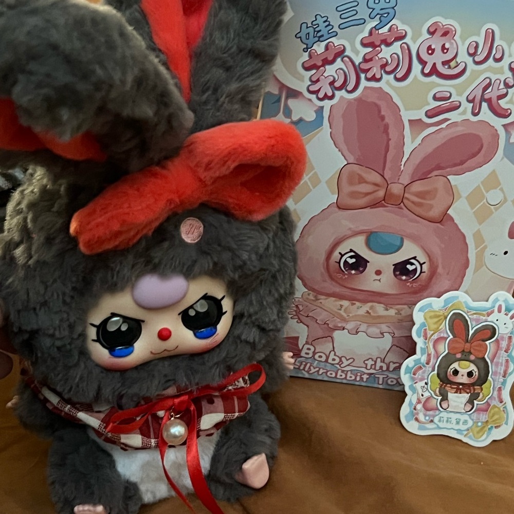 Baby 3 crying eyes bunny. Cute Plush Bunny with Red Bow